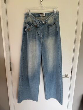 BERNICE Light Blue Wide Leg Jeans with Asymmetric Flip Closure Waist